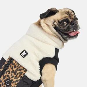 Loki Quilted Dog Jacket Stylish Sherpa Coat with Leopard Pocket & Waste Bag Dispenser