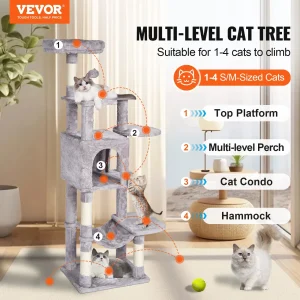VEVOR Cat Tree for Indoor Cats, 60.6" Cat Tower with Cat Condo, Sisal Scratching Post, Hammock, Top Perch, Jumping Platforms, Large Cat Furniture Activity Center with Hang Ball, Light Grey