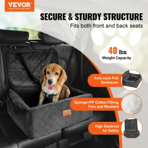 VEVOR Dog Car Seat, Dog Booster Seat for Car with A Storage Pocket, Clip-On Safety Leash, Sponge and PP Cotton Filling, Dog Car Bed for Small & Medium Dog up to 40lbs, Black