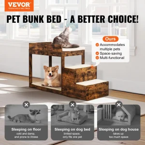 VEVOR Pet Bunk Bed with Stairs, Dog/Cat Window Perch for High Beds and Couches, Medium Multi-Level 3 Step Dog Seat Platform Sleeper Couch, Practical for Modern Homes (Rustic Brown)